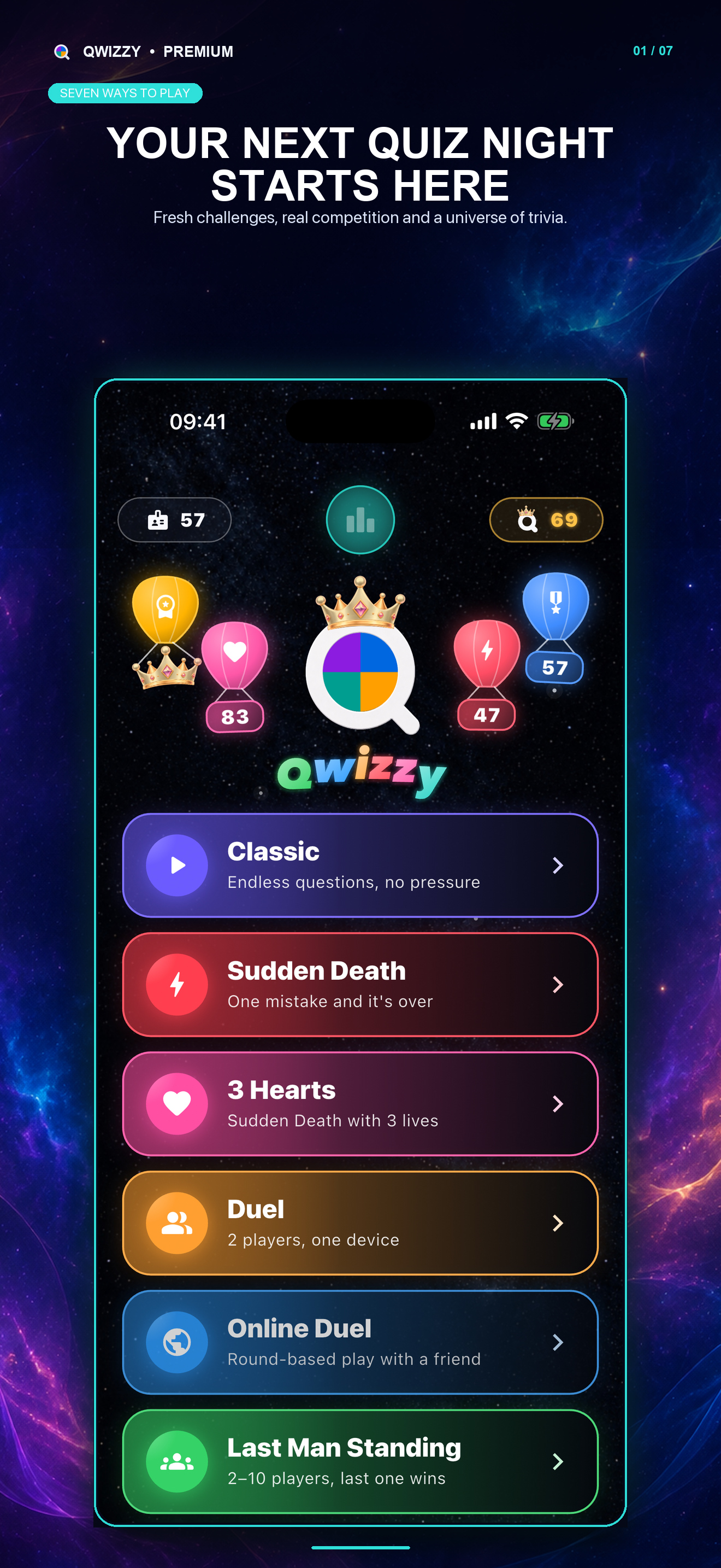 Updated Qwizzy home screen showing its available quiz modes