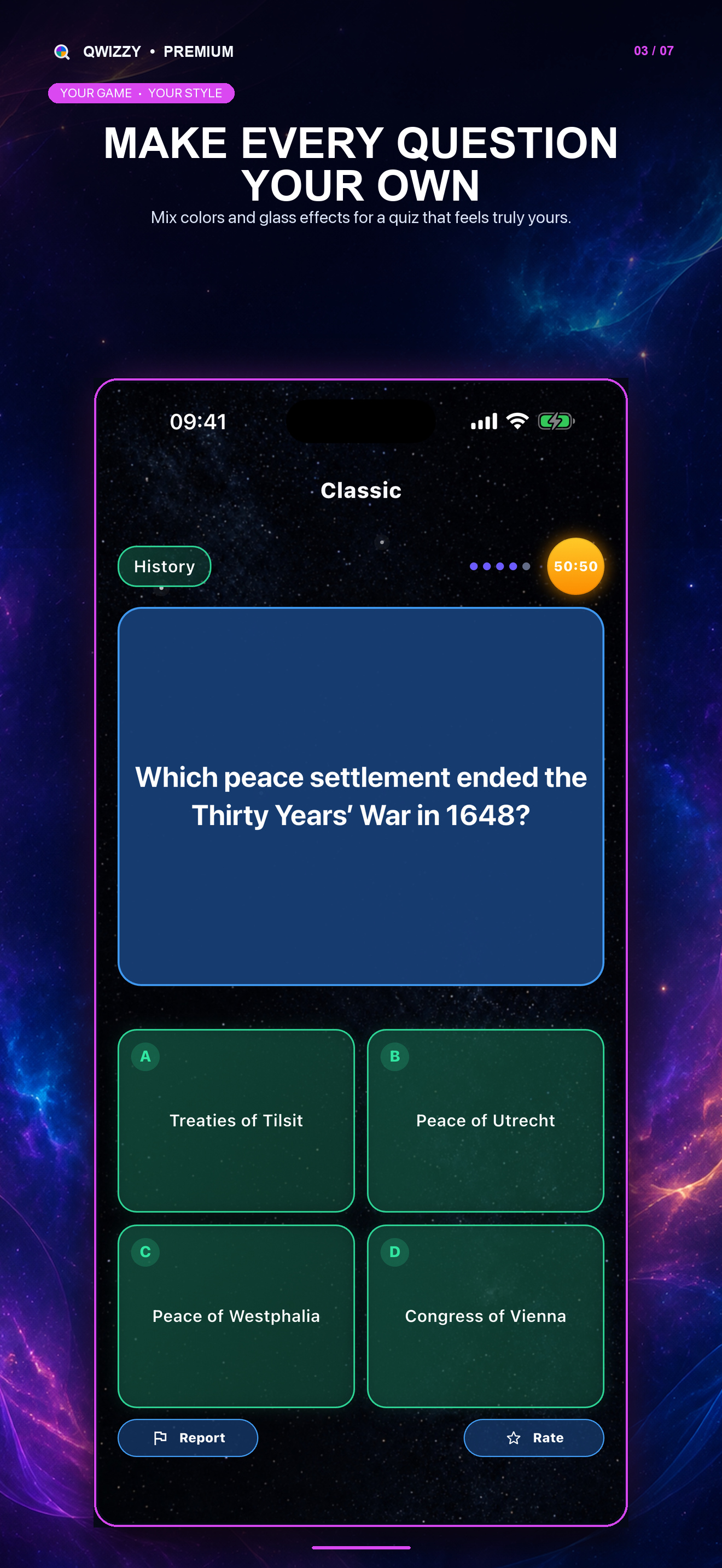 A customized Qwizzy question screen with individually colored cards