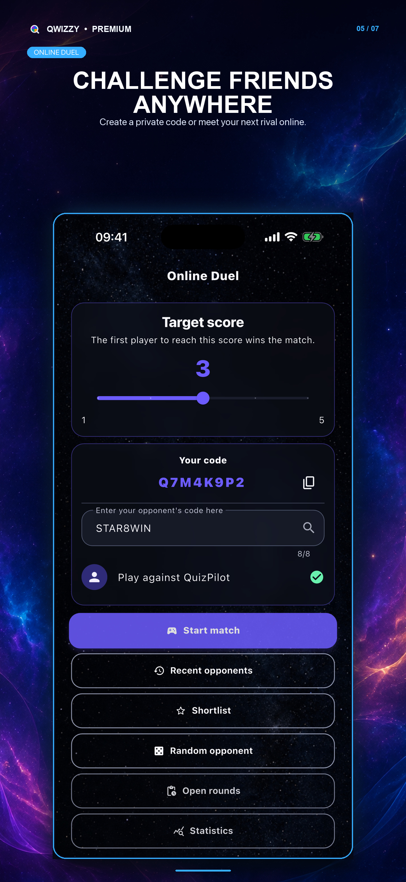 Qwizzy Online Duel setup with friend code and opponent options