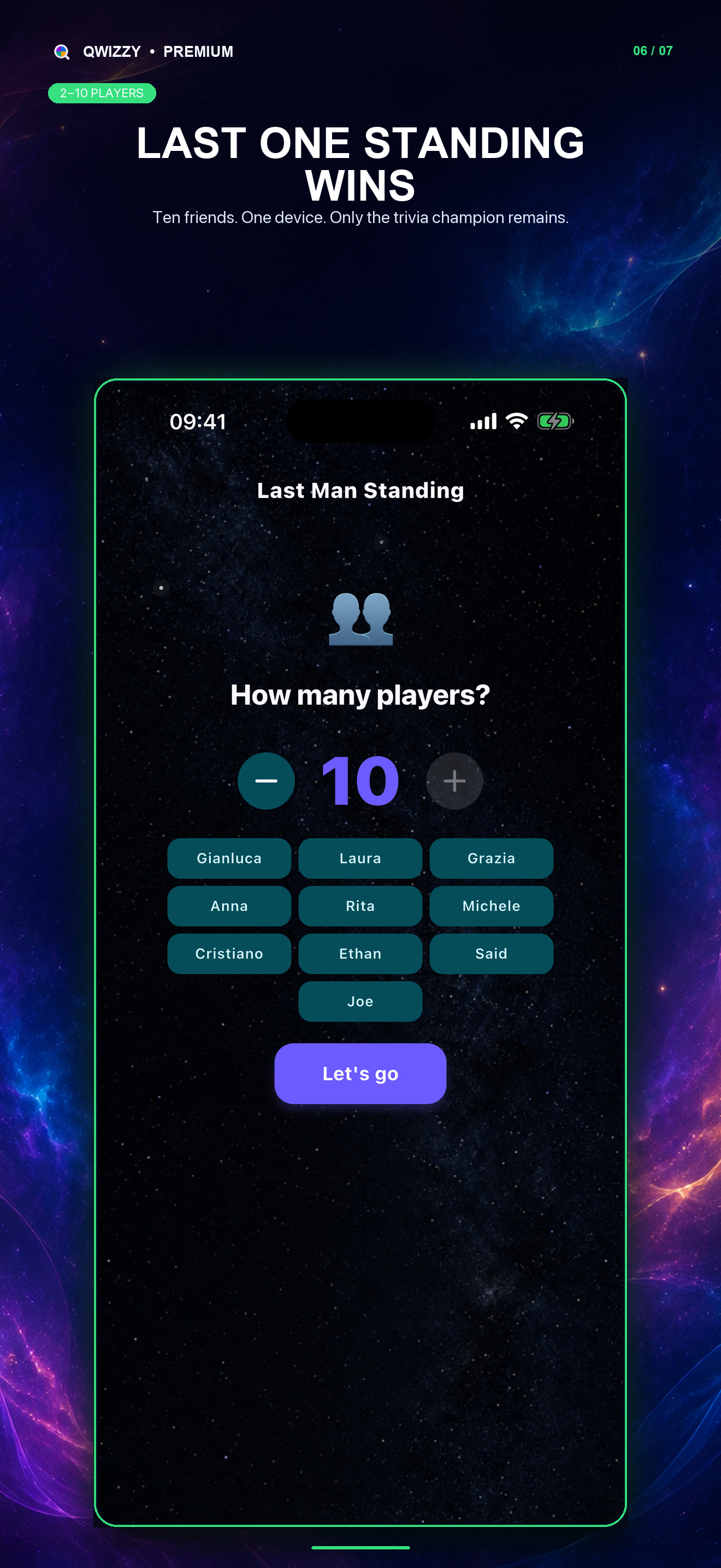 Qwizzy Last Man Standing setup with ten named players