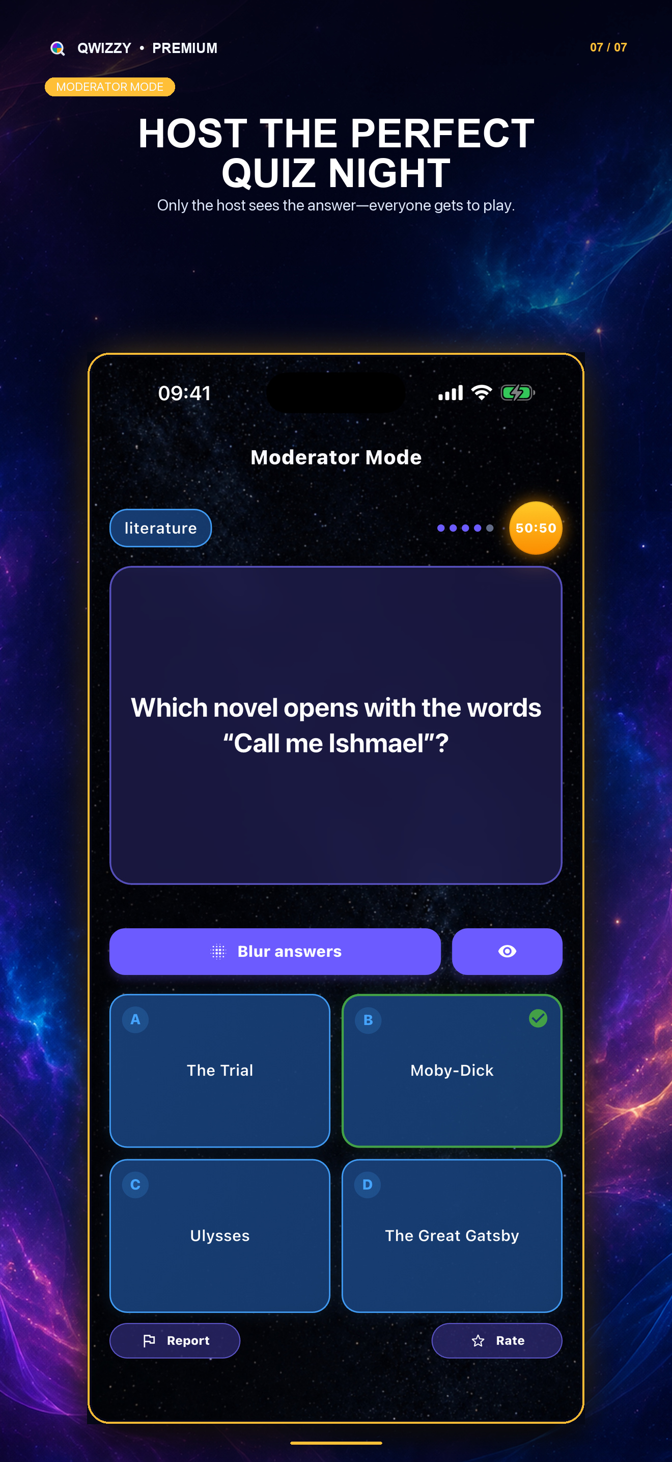 Qwizzy Moderator mode with the correct answer visible only to the host