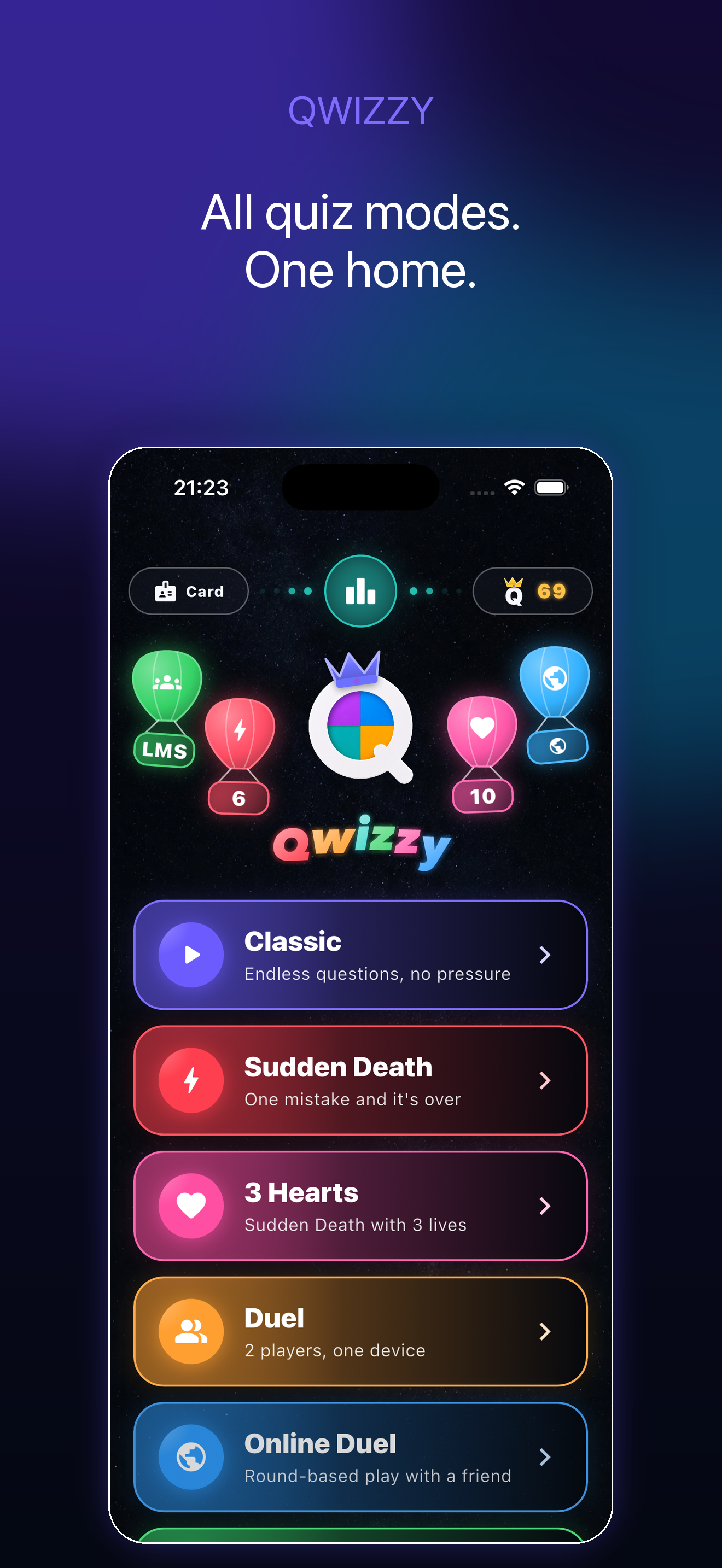 Qwizzy screen showing all available quiz modes