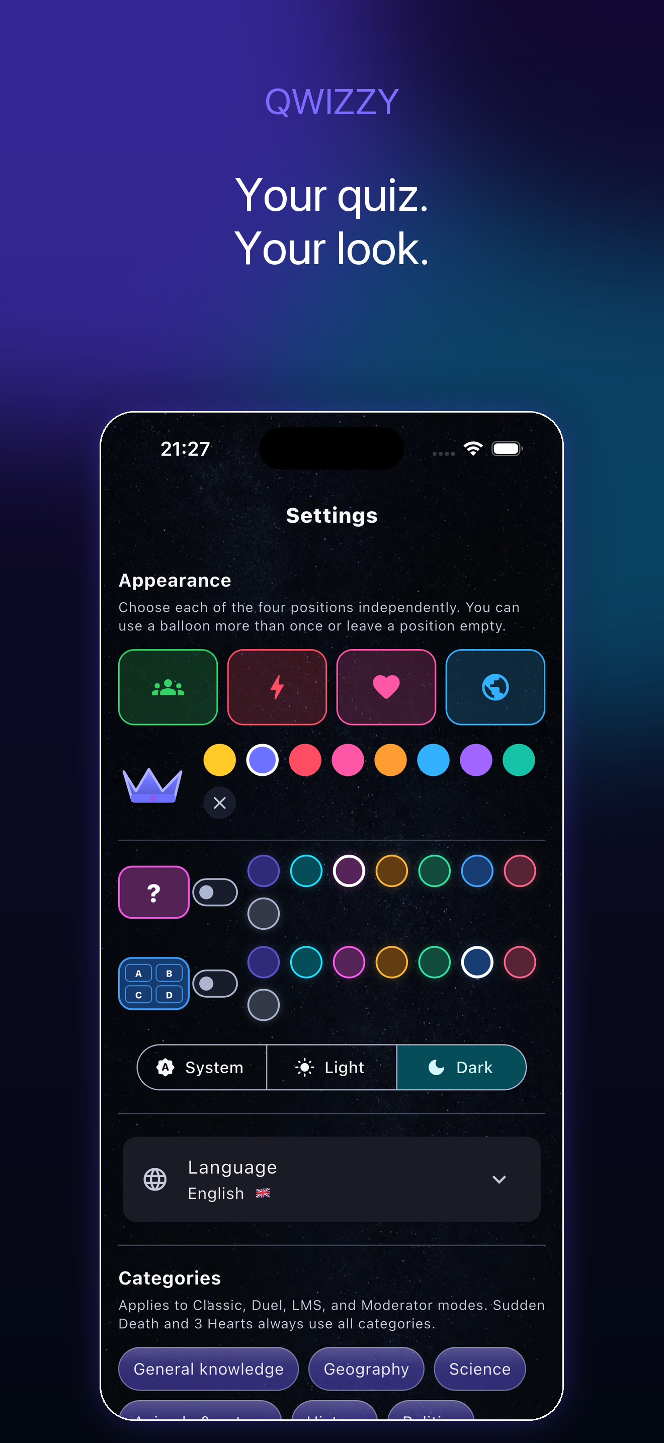 Qwizzy appearance and category settings