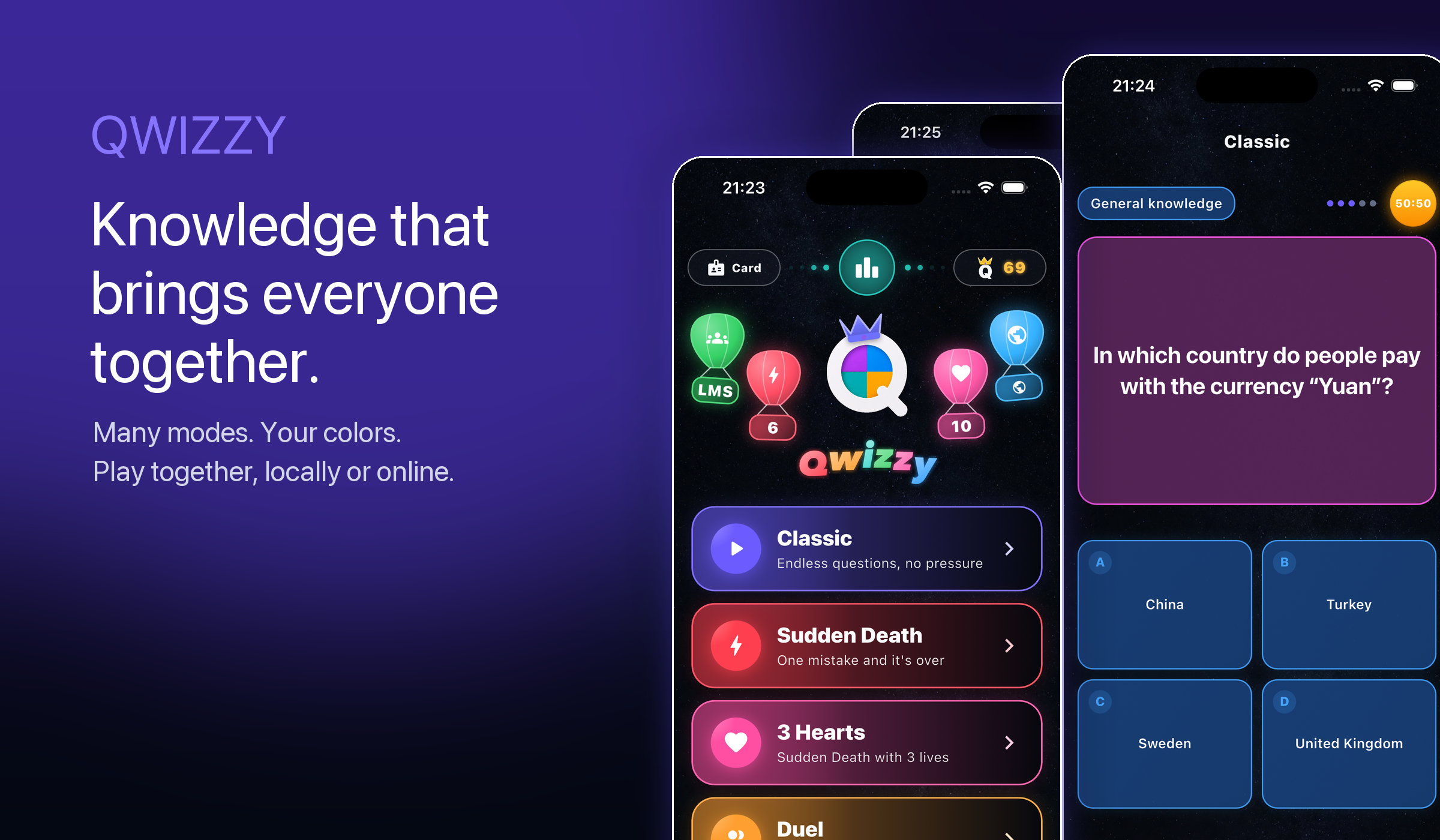 Qwizzy game modes and quiz screen