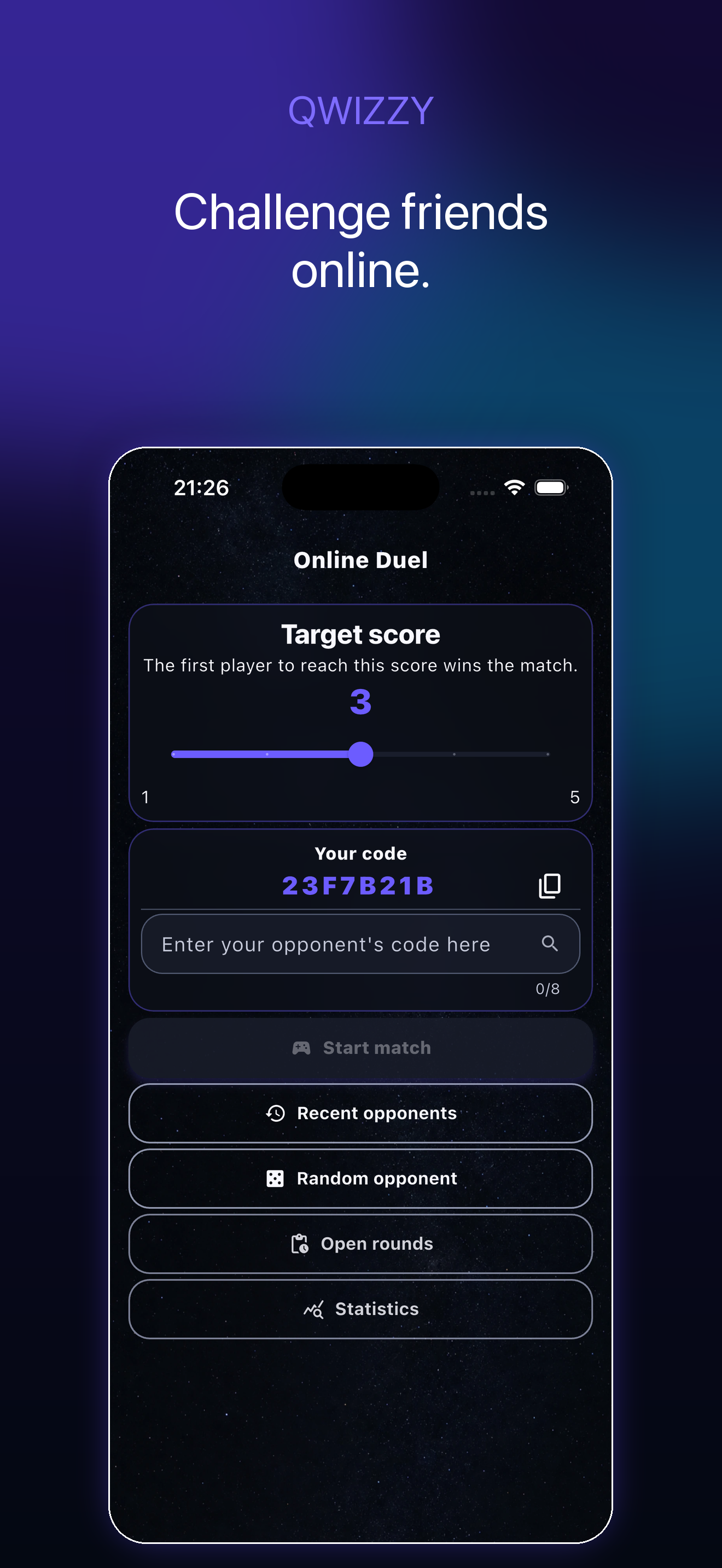 Qwizzy online duel setup screen