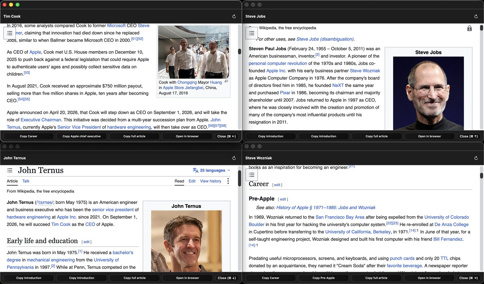 Four Wiksy reader windows open at once, showing the Wikipedia articles for Tim Cook, Steve Jobs, John Ternus and Steve Wozniak