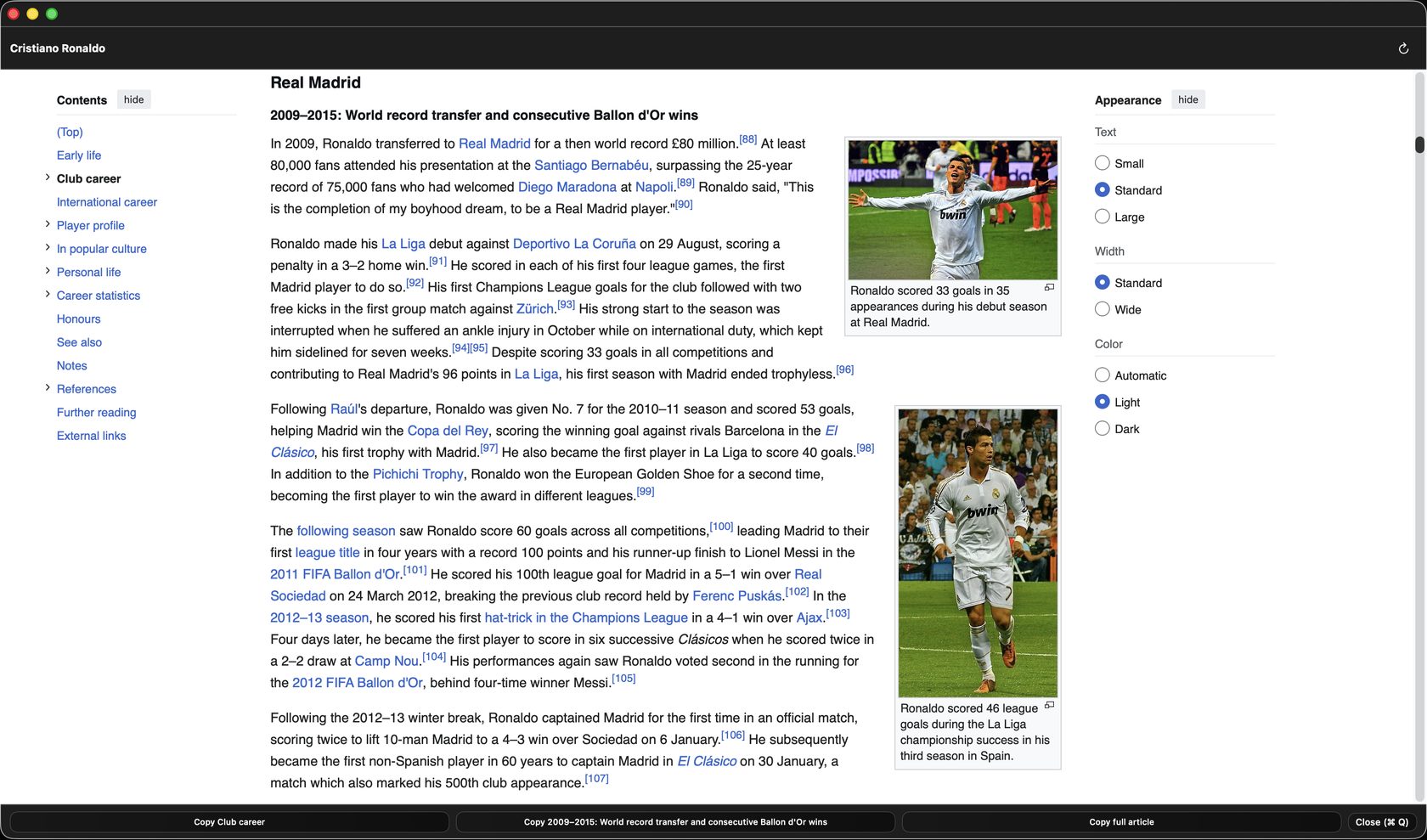 A Wikipedia article open in a Wiksy reader window, with a bottom action bar offering Copy section, Copy full article, Open in browser and Close
